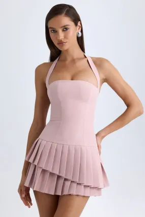 Asymmetric Layered Halterneck Mini Dress in Pink Mauve