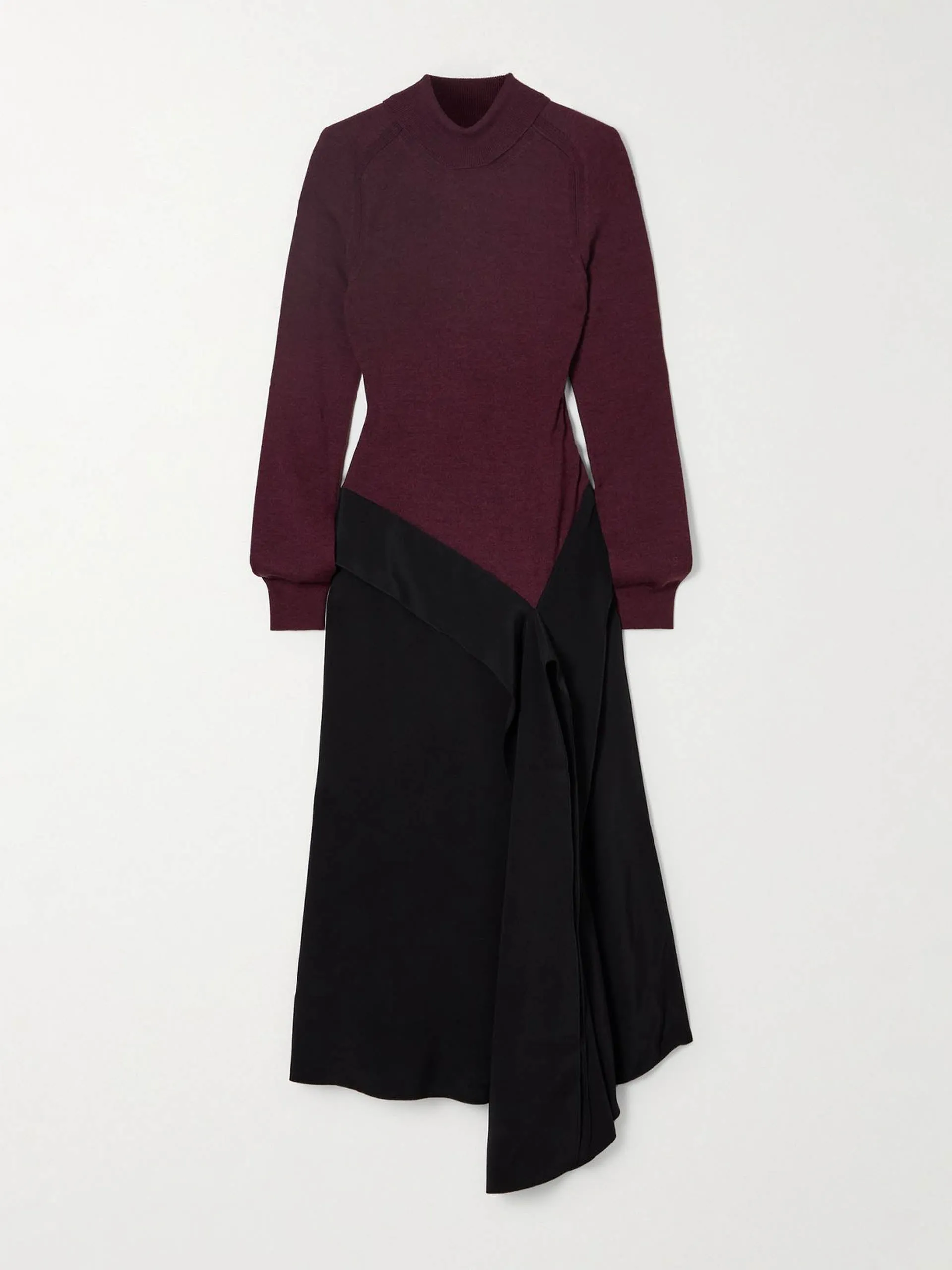 Asymmetric paneled wool and jersey turtleneck dress