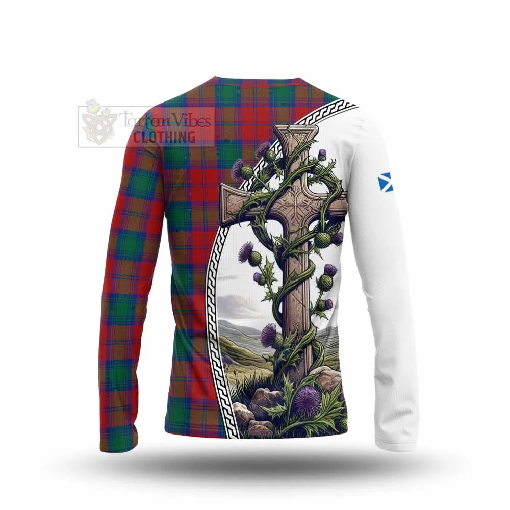 Auchinleck (Affleck) Tartan Long Sleeve T-Shirt with Family Crest and St. Andrew's Cross Accented by Thistle Vines