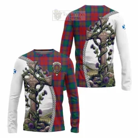 Auchinleck (Affleck) Tartan Long Sleeve T-Shirt with Family Crest and St. Andrew's Cross Accented by Thistle Vines