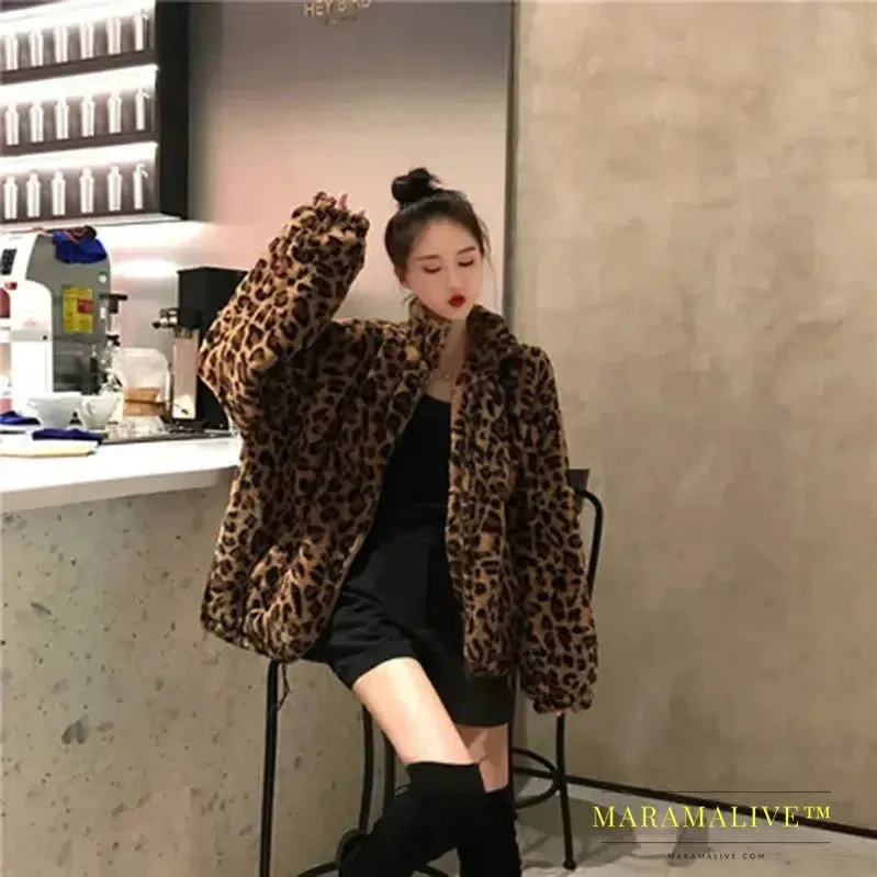 Autumn Fuzzy Leopard Print Jacket Women Fashion Stand Collar Warm Parkas Outwear Winter Female Loose Faux Fur Coats New