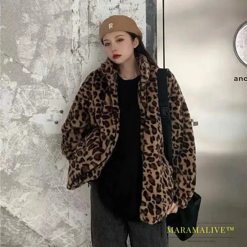 Autumn Fuzzy Leopard Print Jacket Women Fashion Stand Collar Warm Parkas Outwear Winter Female Loose Faux Fur Coats New