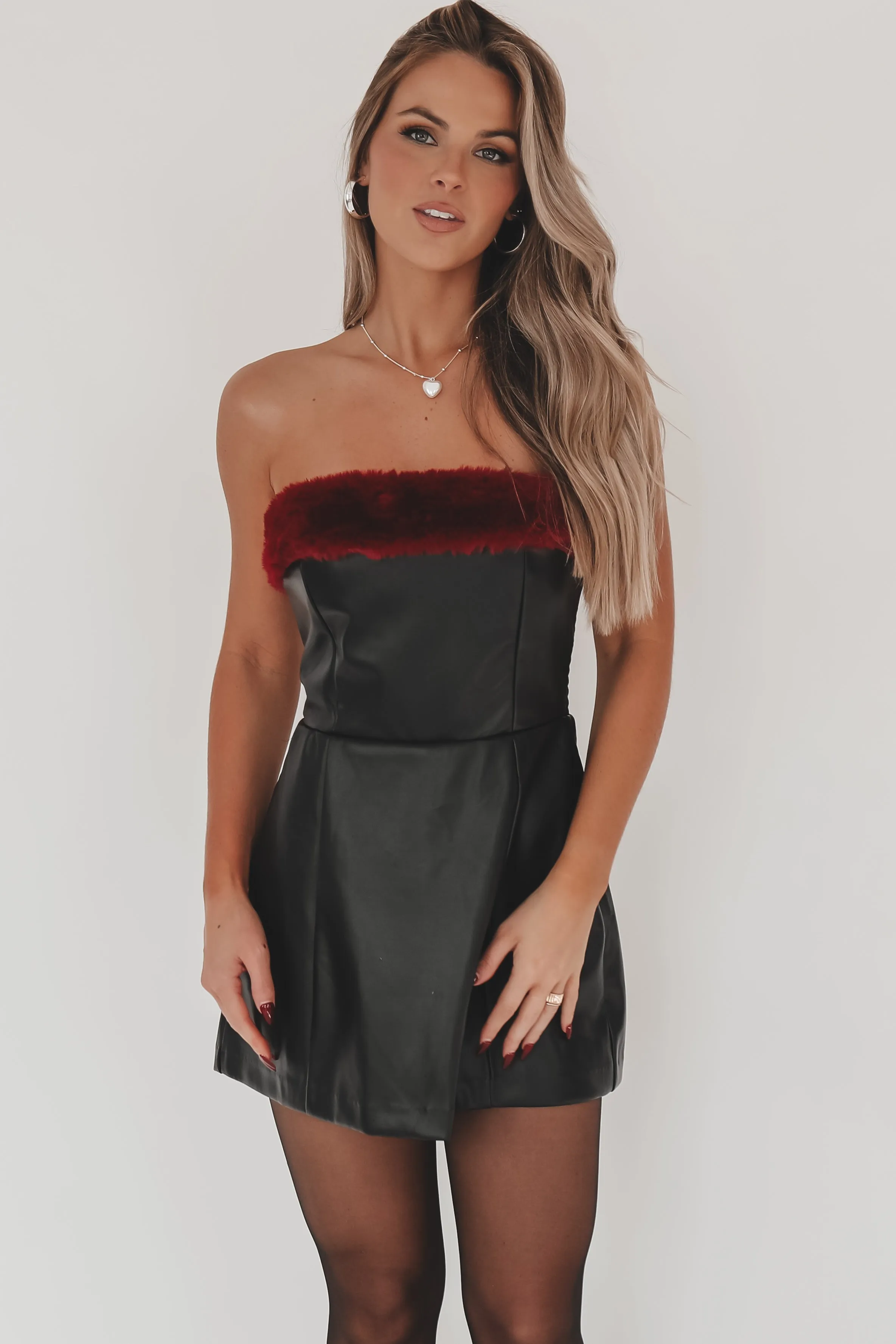 Baby It's Cold Outside Black Leather Burgundy Fur Trim Romper Dress