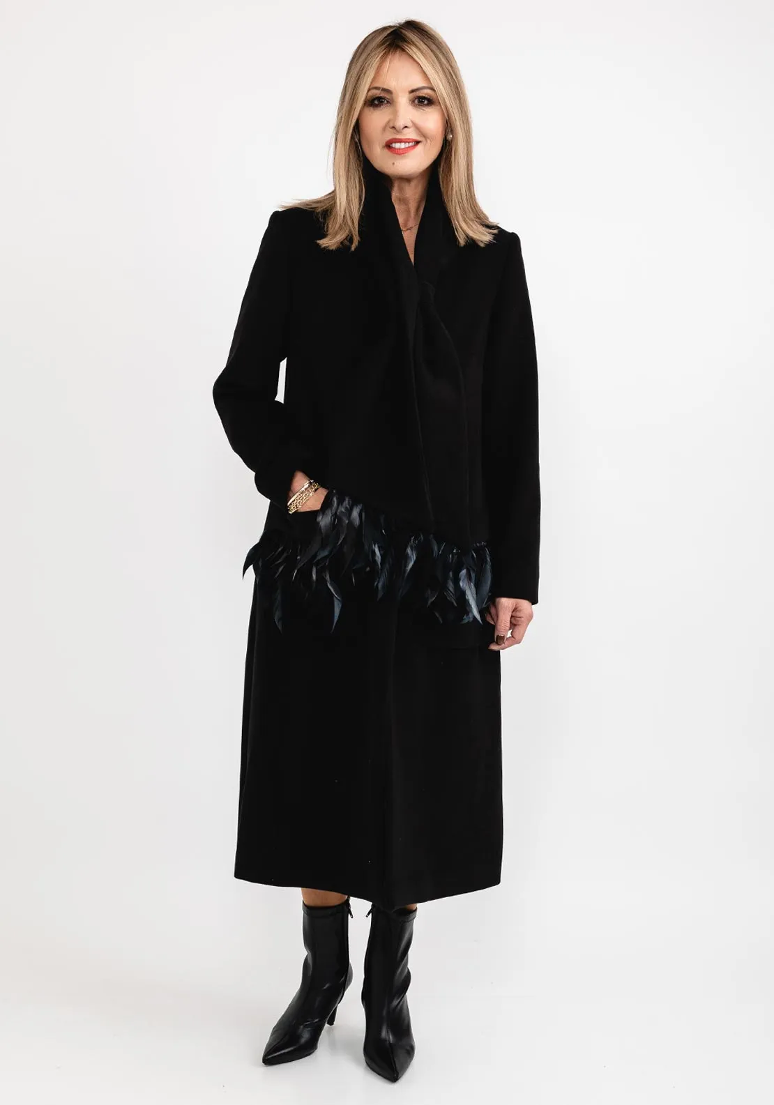 Badoo Feather Trim Long Coat & Shawl, Black