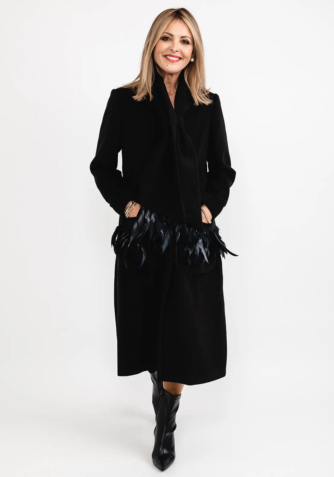 Badoo Feather Trim Long Coat & Shawl, Black