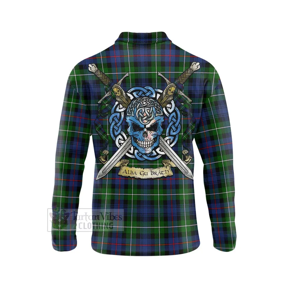 Baillie (Bailey) Tartan Long Sleeve Polo Shirt with Family Crest Celtic Skull Style