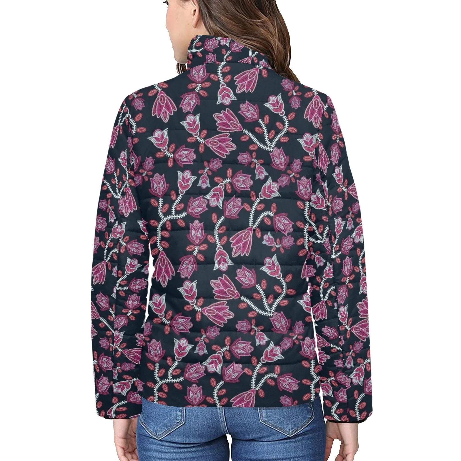 Beaded Pink Women's Stand Collar Padded Jacket