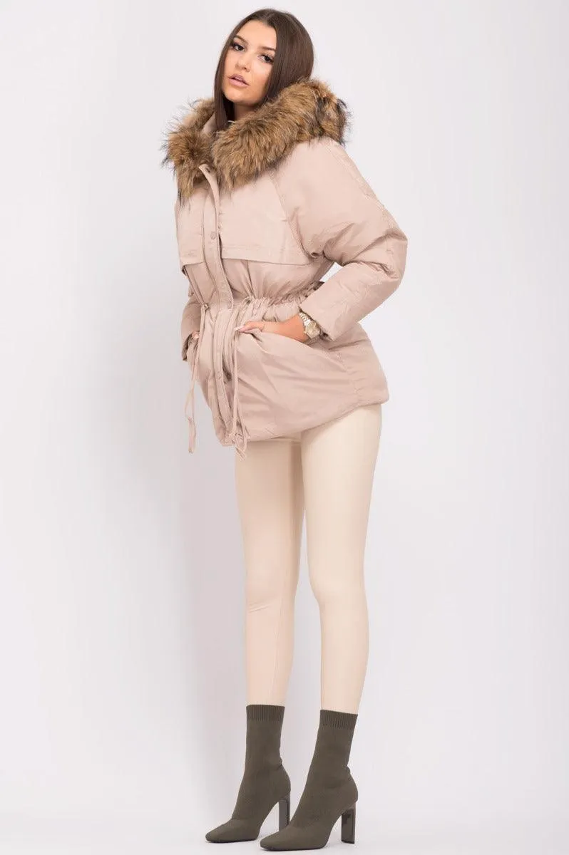 Beige Luxury Fur Padded Stopper Drawstring Coat