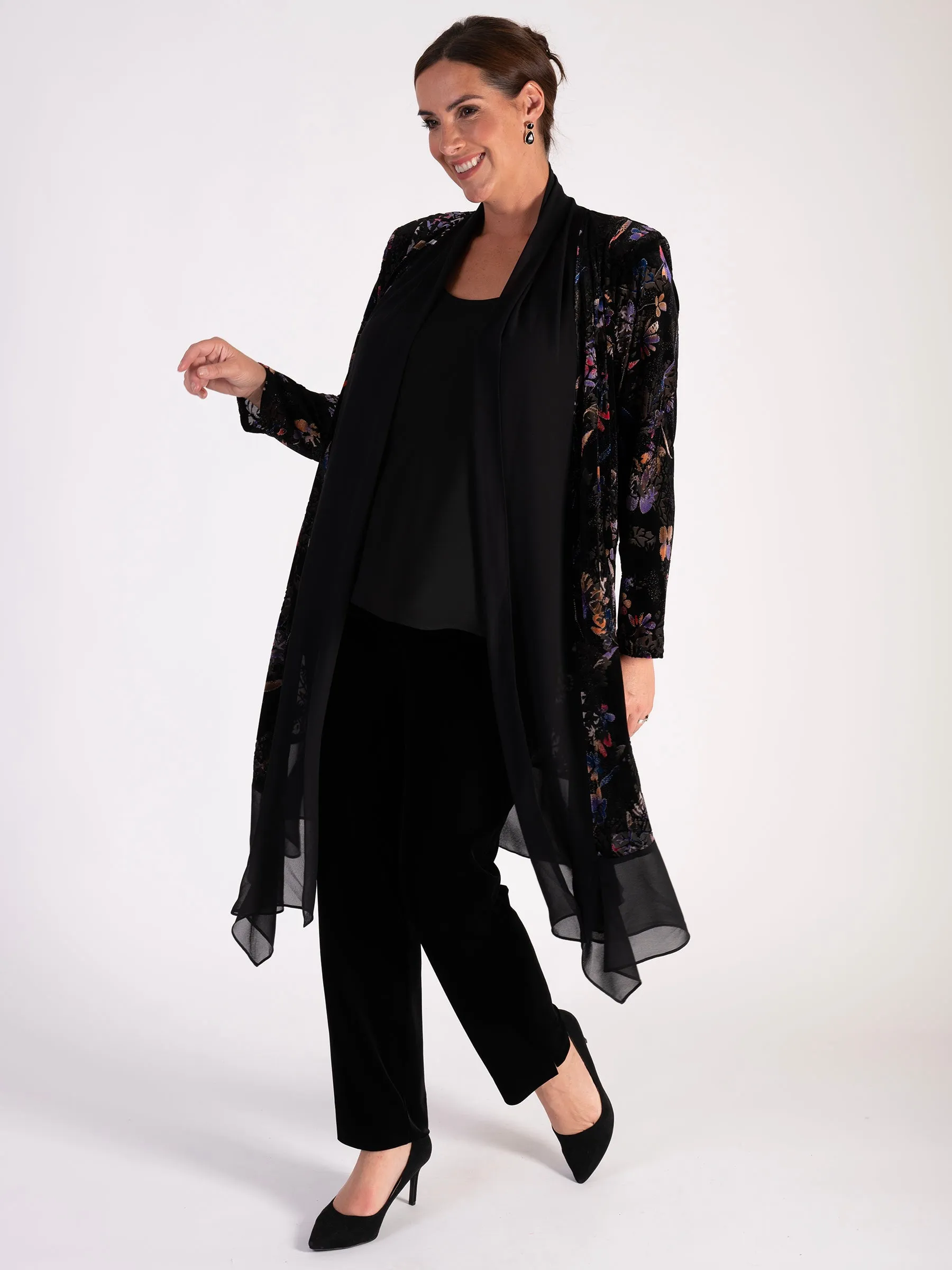 Black and Multi Floral Velvet Devoré Long Coat with Chiffon Trim