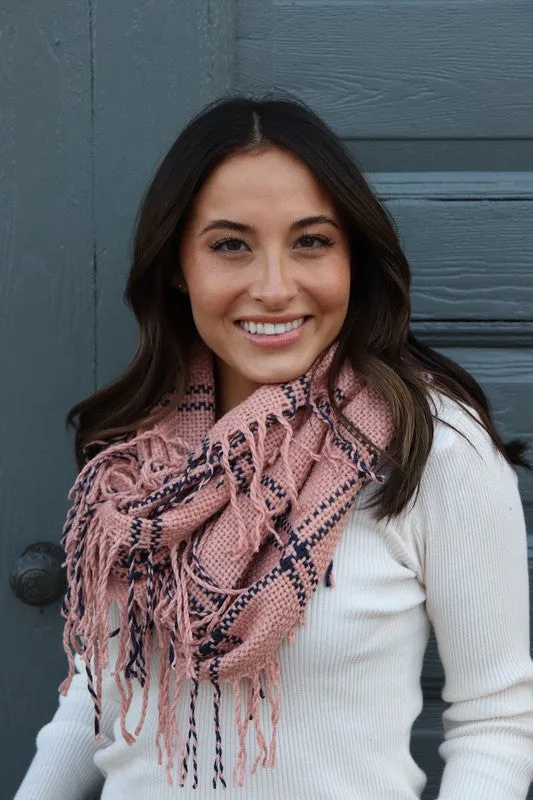 Blush Pink Navy Soft Knit Plaid Infinity Tassel Fringe Scarf Windowpane