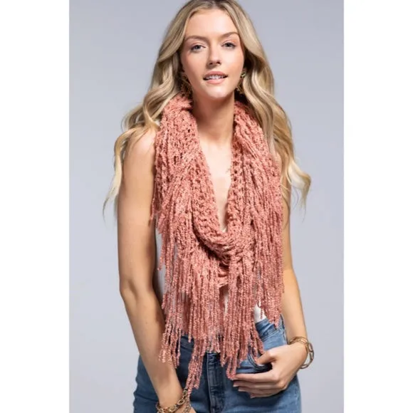 Blush Pink Net Boucle Yarn Fringe Winter Fall Casual Women's Scarf