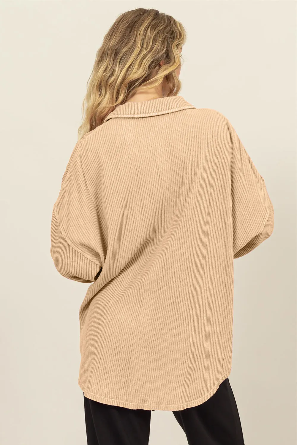 Bohemian Waffle-Knit Curved Hem Button Up Shacket