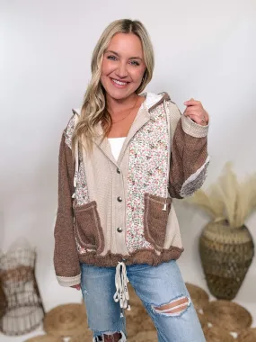 Boho Floral Oat Chocolate Quilted Patchwork Button Up Oversized Hoodie Jacket