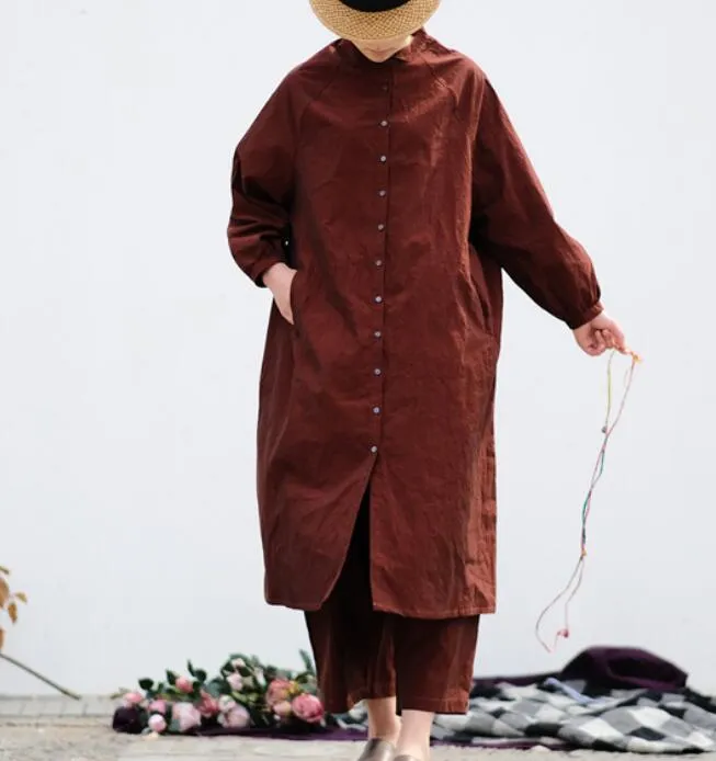 Brown Linen Long Sleeve  Cotton shirts Dress Women Dress ZYCP9201229