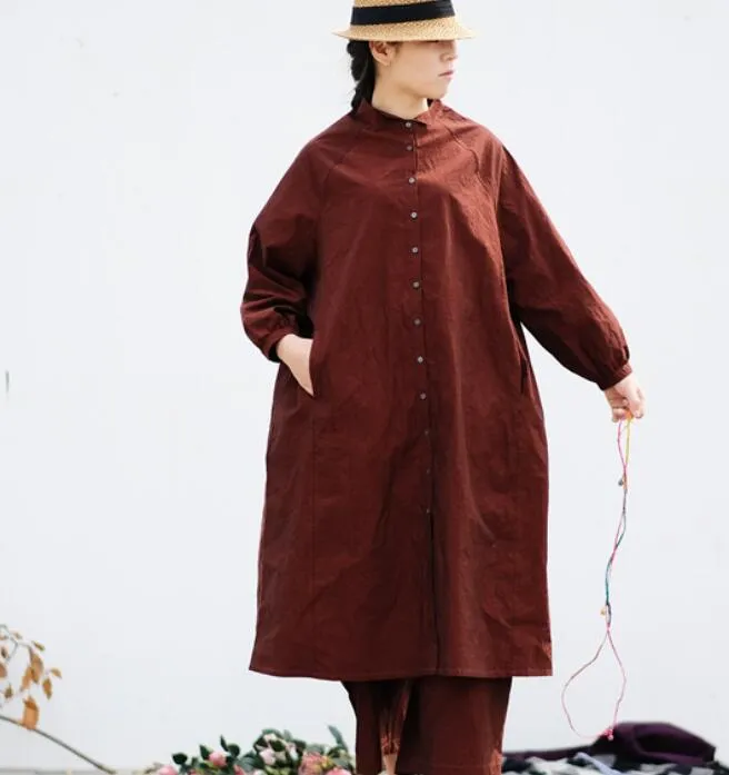 Brown Linen Long Sleeve  Cotton shirts Dress Women Dress ZYCP9201229