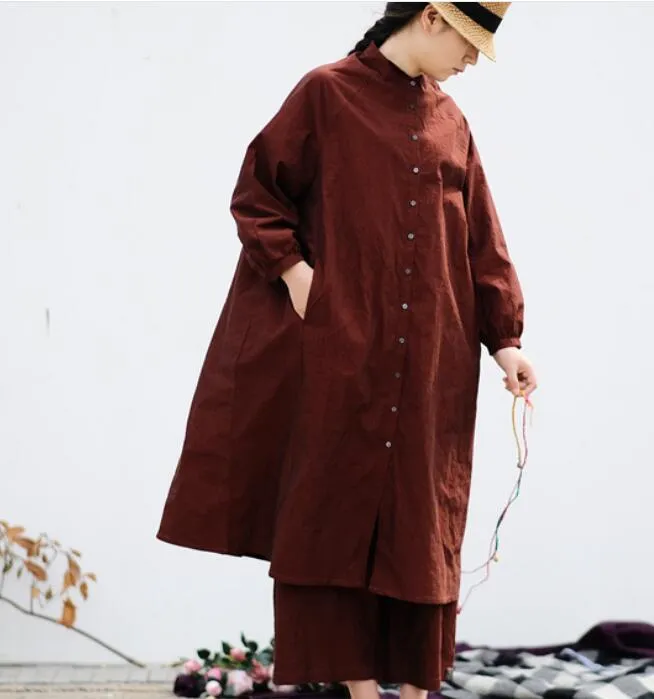 Brown Linen Long Sleeve  Cotton shirts Dress Women Dress ZYCP9201229