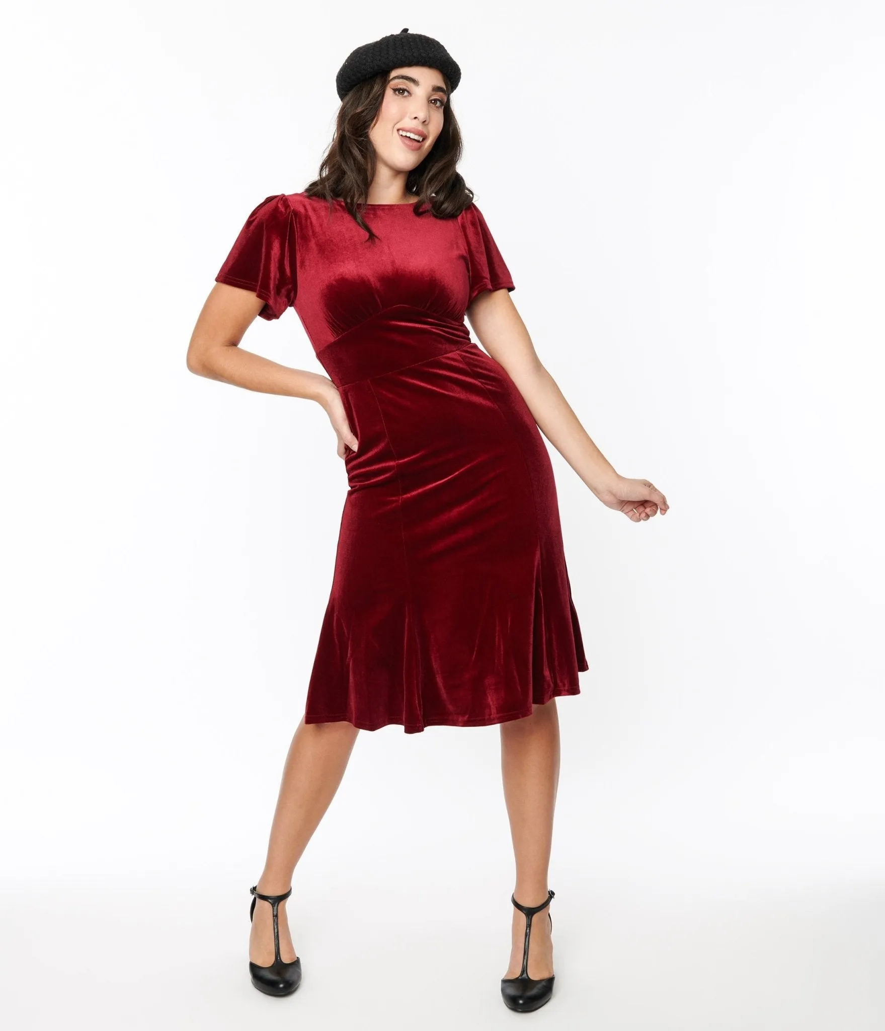 Burgundy Velvet Midi Shift Dress