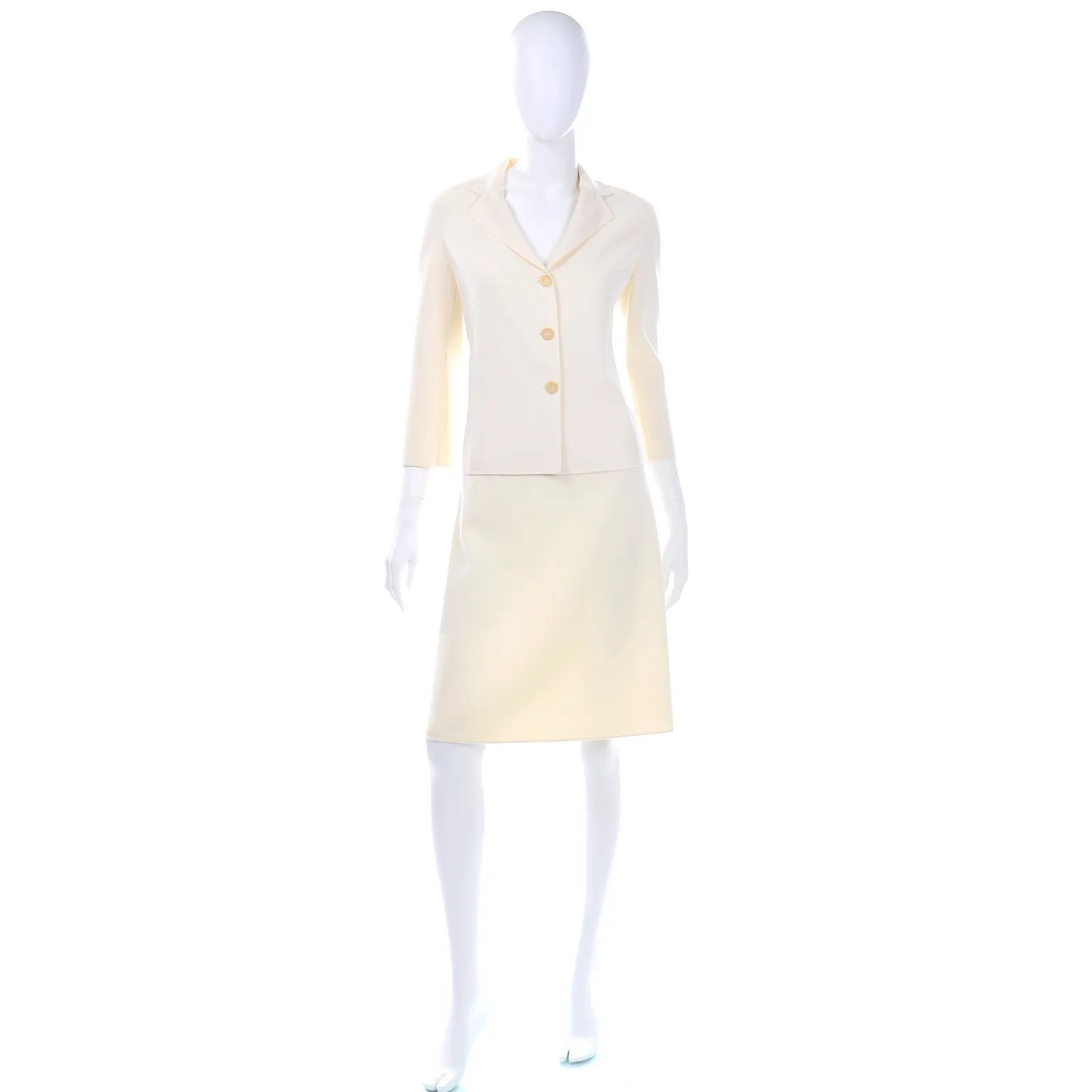 Celine Ivory Cream Vintage Summer Weight Wool Skirt Suit