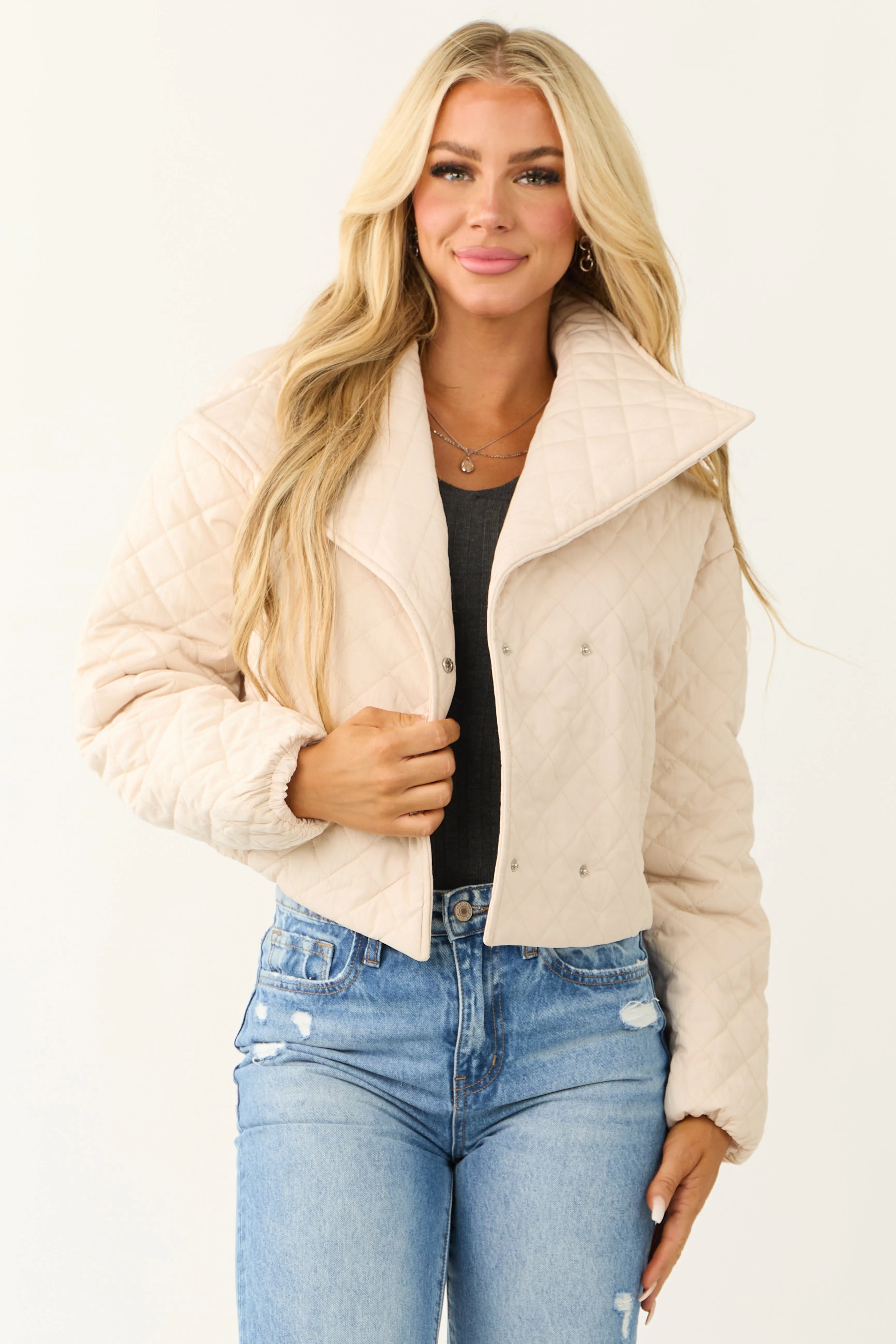 Champagne Quilted Cropped Puffer Jacket