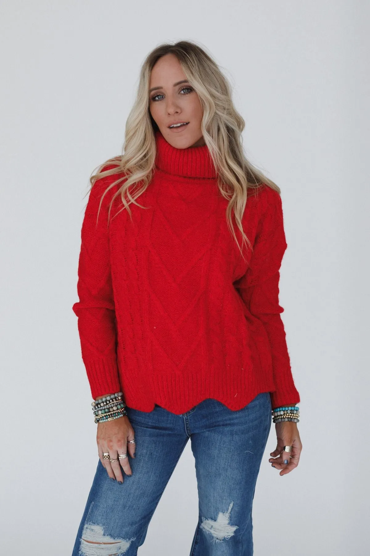 Coffee Chats Scallop Hem Sweater - Ruby