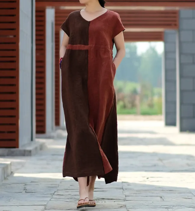 Contrast Color Linen High Waist Summer Women Dress SJ9201229