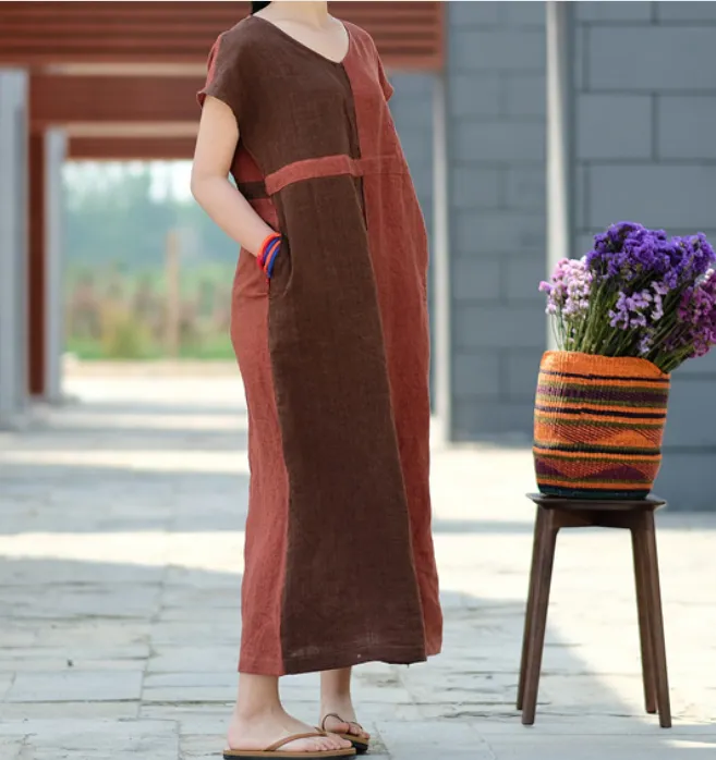 Contrast Color Linen High Waist Summer Women Dress SJ9201229