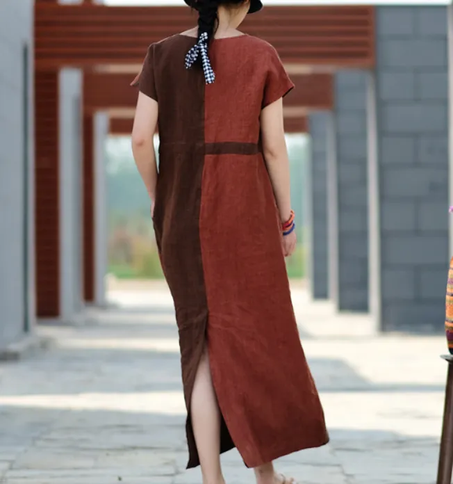 Contrast Color Linen High Waist Summer Women Dress SJ9201229