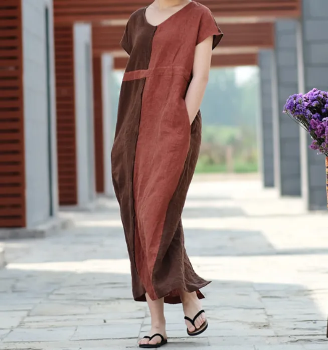 Contrast Color Linen High Waist Summer Women Dress SJ9201229