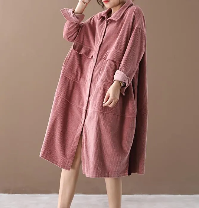 Corduory Women Cotton Loose Dresses Long Sleeve Women Dress YM9201229