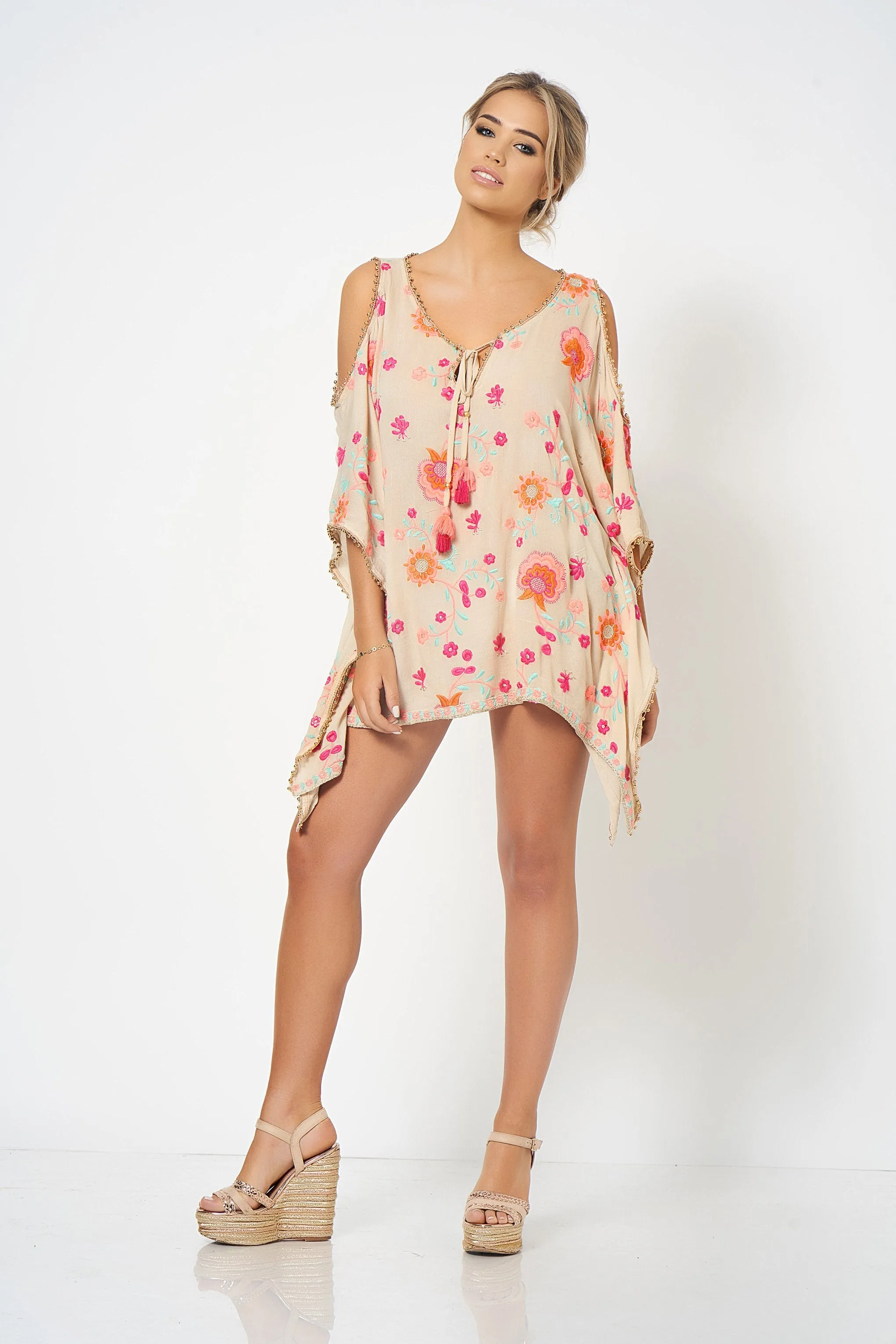 Cream Embroidery Cold Shoulder Kaftan