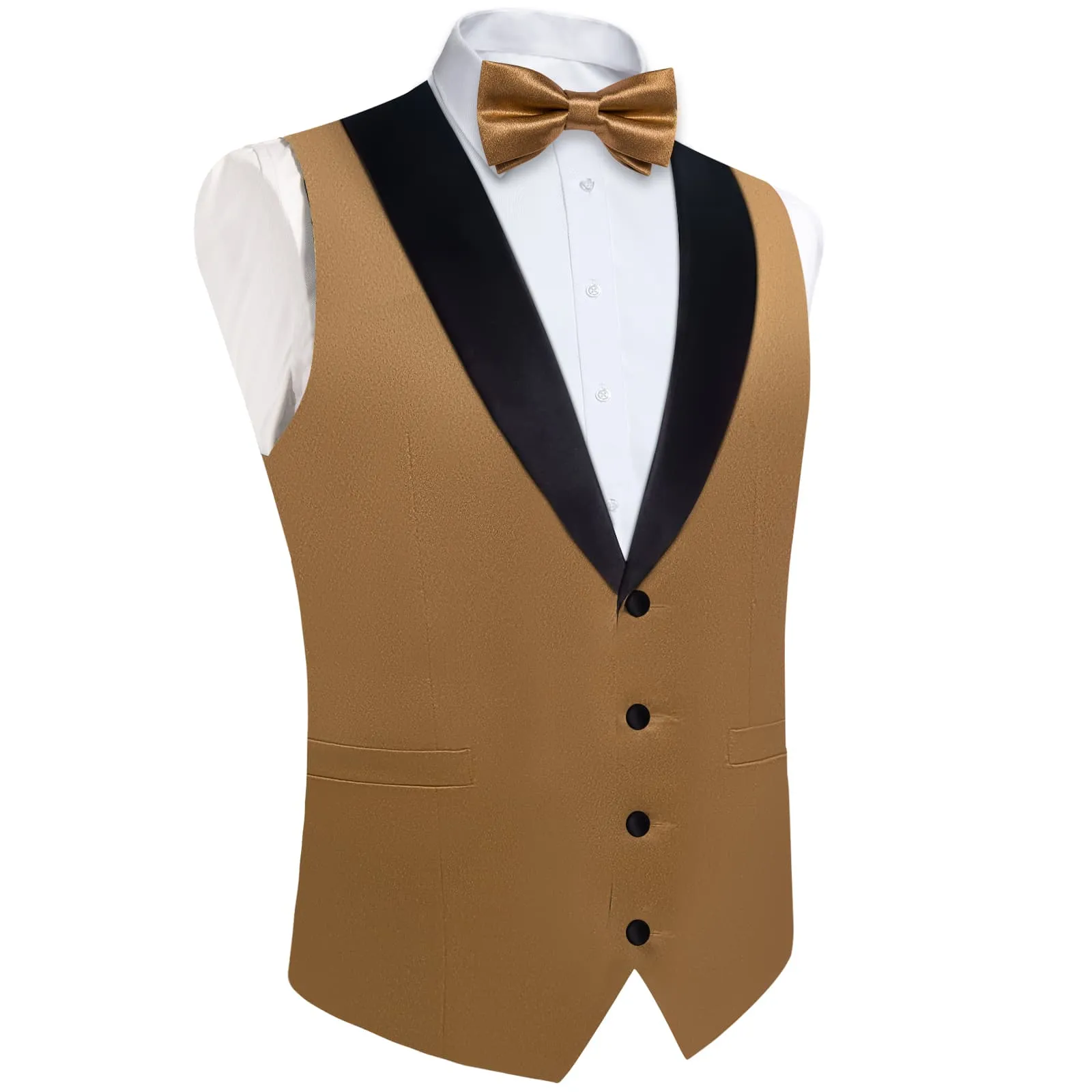 DiBanGu Tuxedo Vest Pale Brown Solid Silk Mens Button Dress Vest and Bow Tie Set