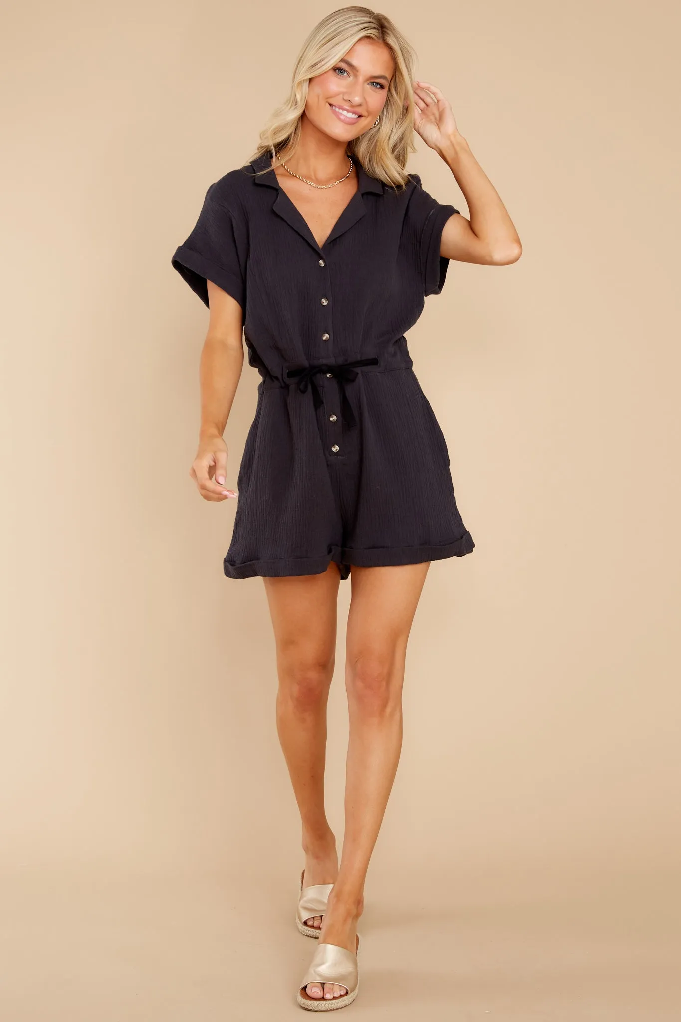 Ease Along Black Cotton Romper