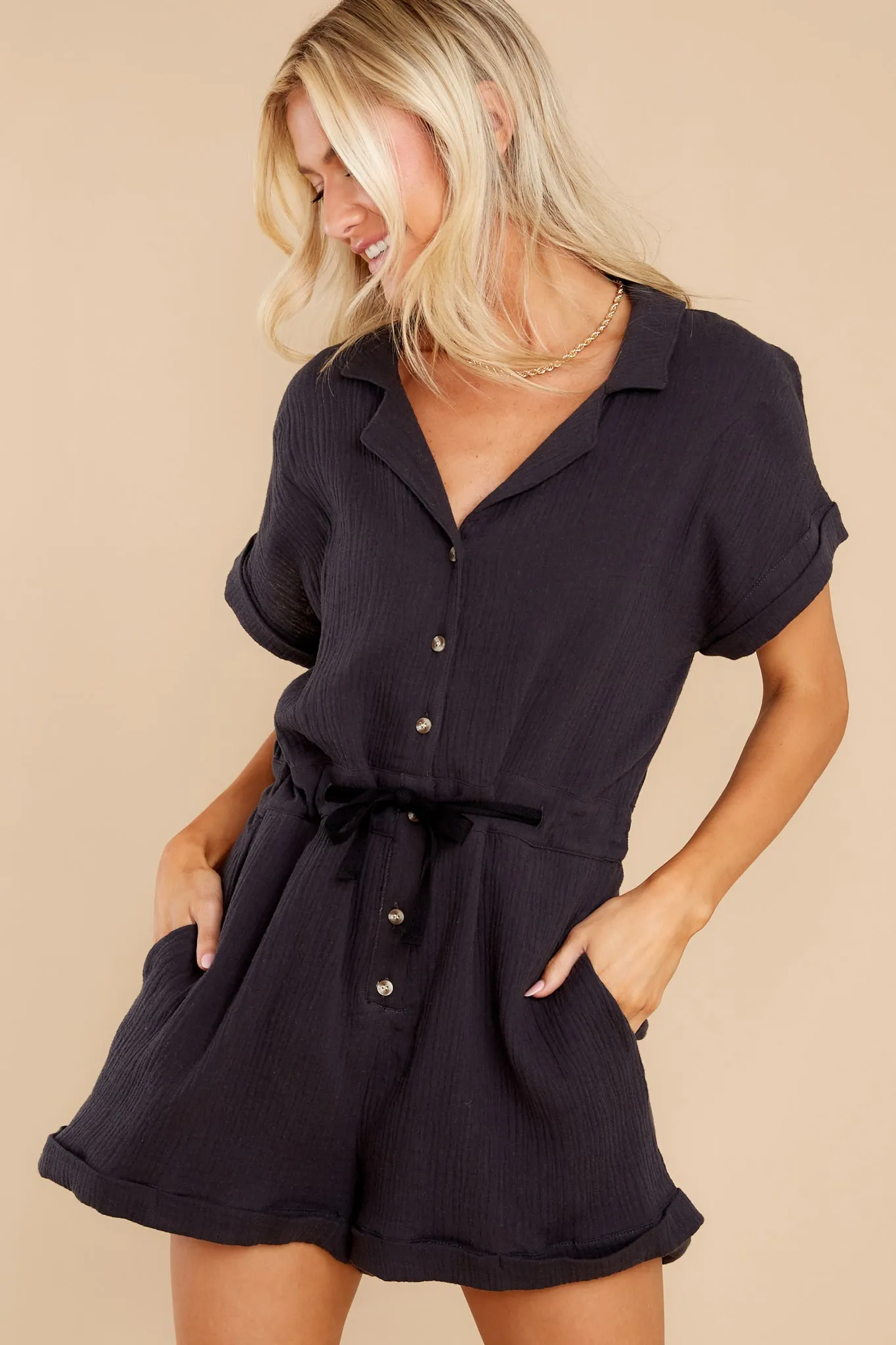 Ease Along Black Cotton Romper