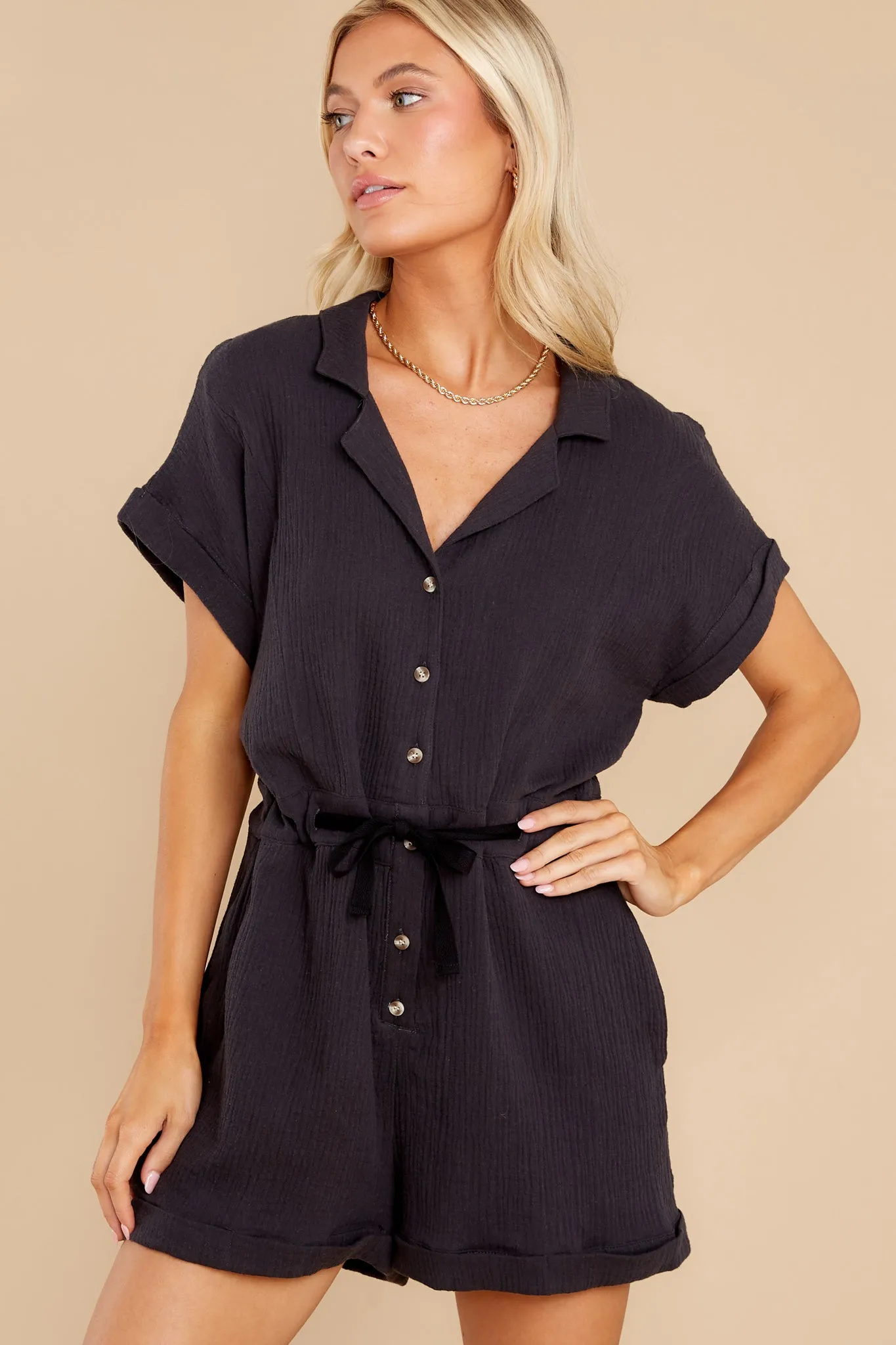 Ease Along Black Cotton Romper