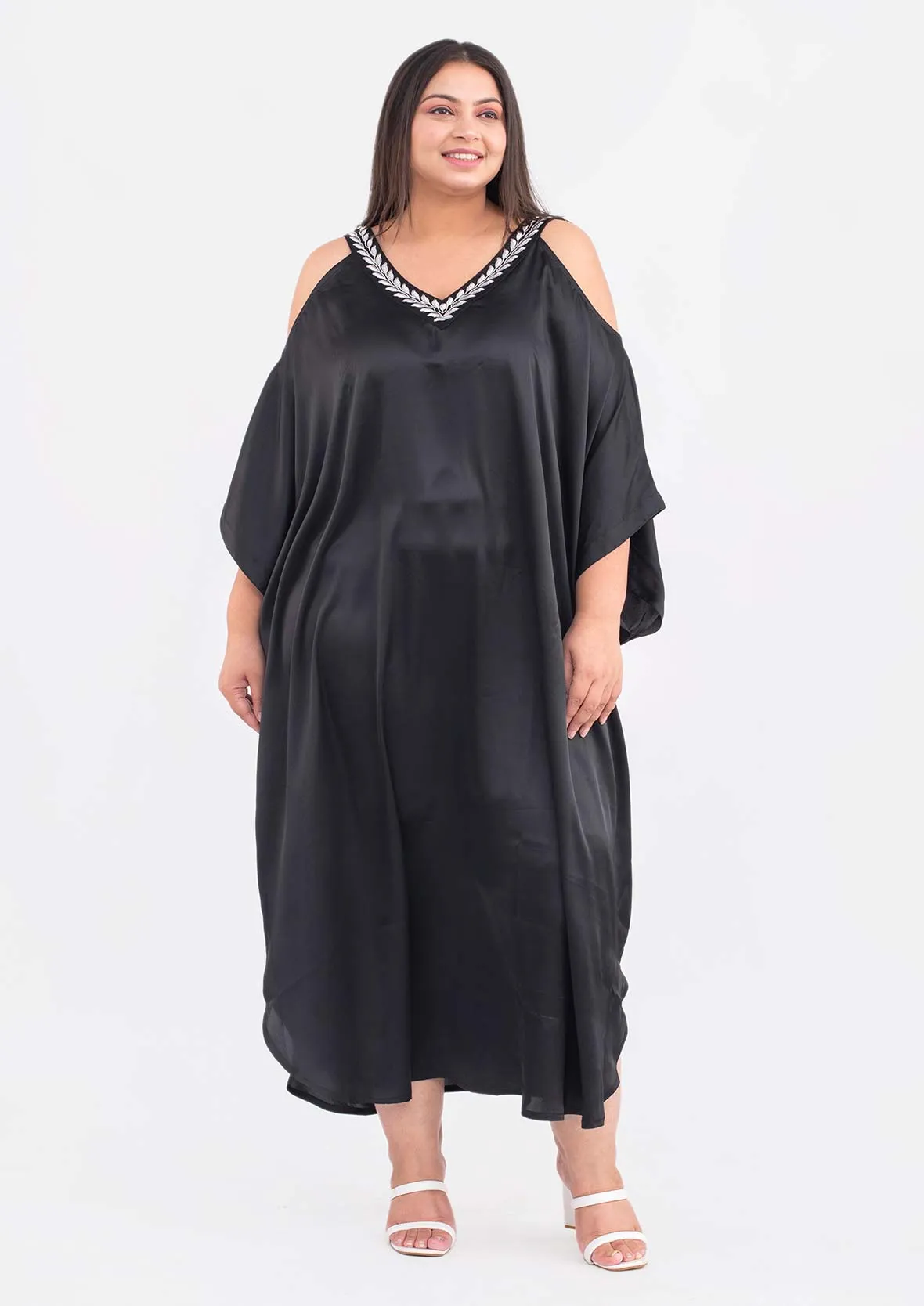 Embroidered Neck Cold Shoulder Kaftan Dress