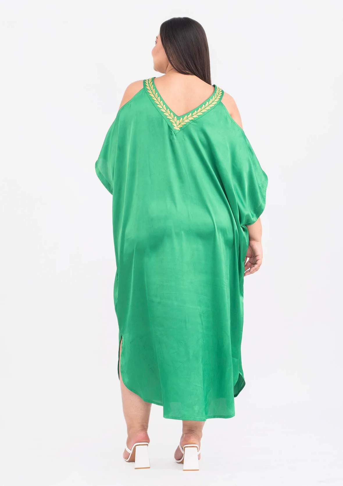 Embroidered Neck Cold Shoulder Kaftan Dress