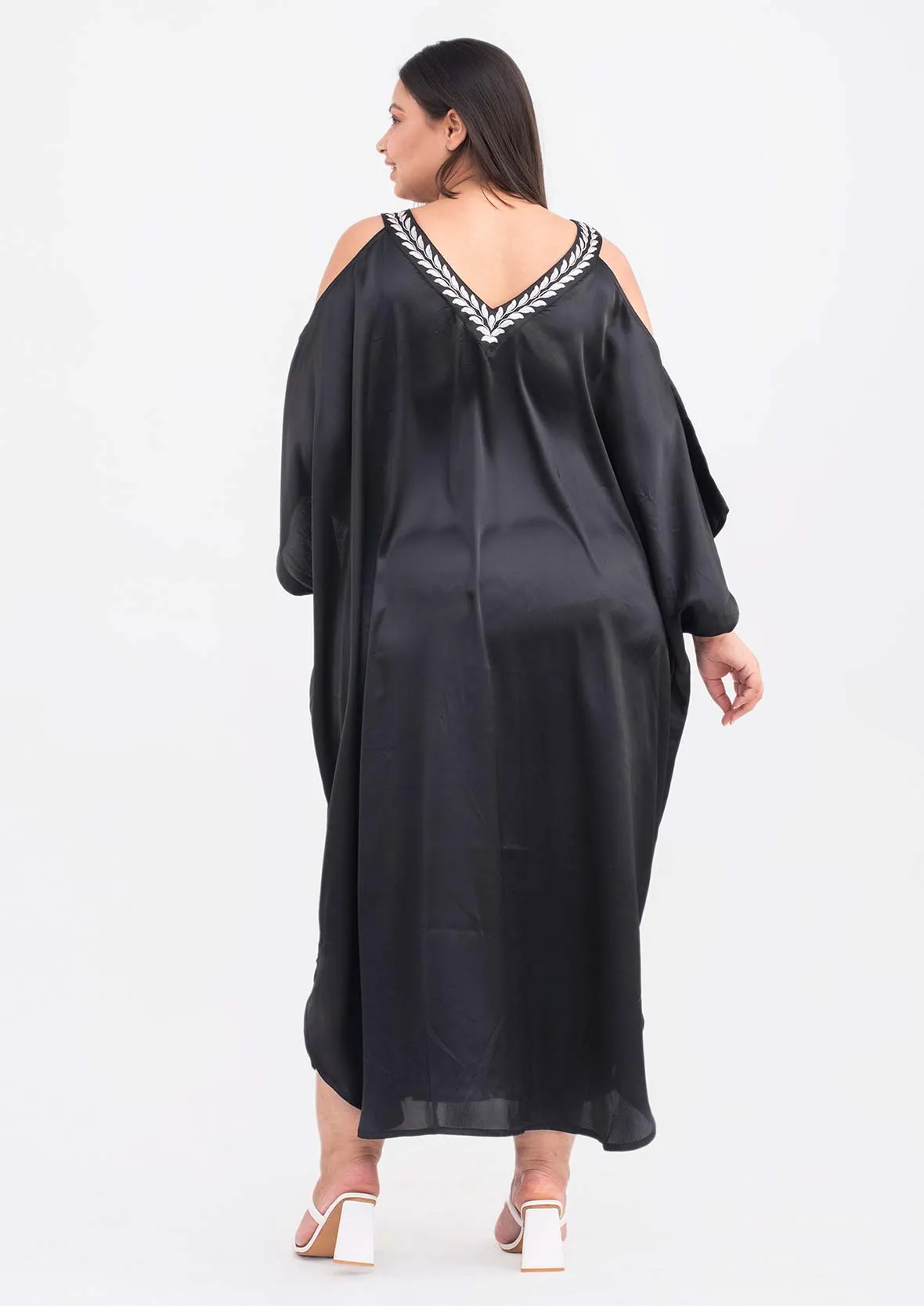 Embroidered Neck Cold Shoulder Kaftan Dress