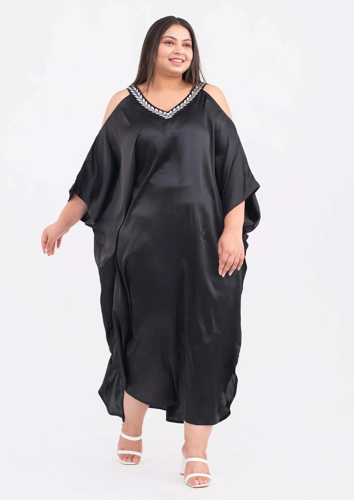 Embroidered Neck Cold Shoulder Kaftan Dress