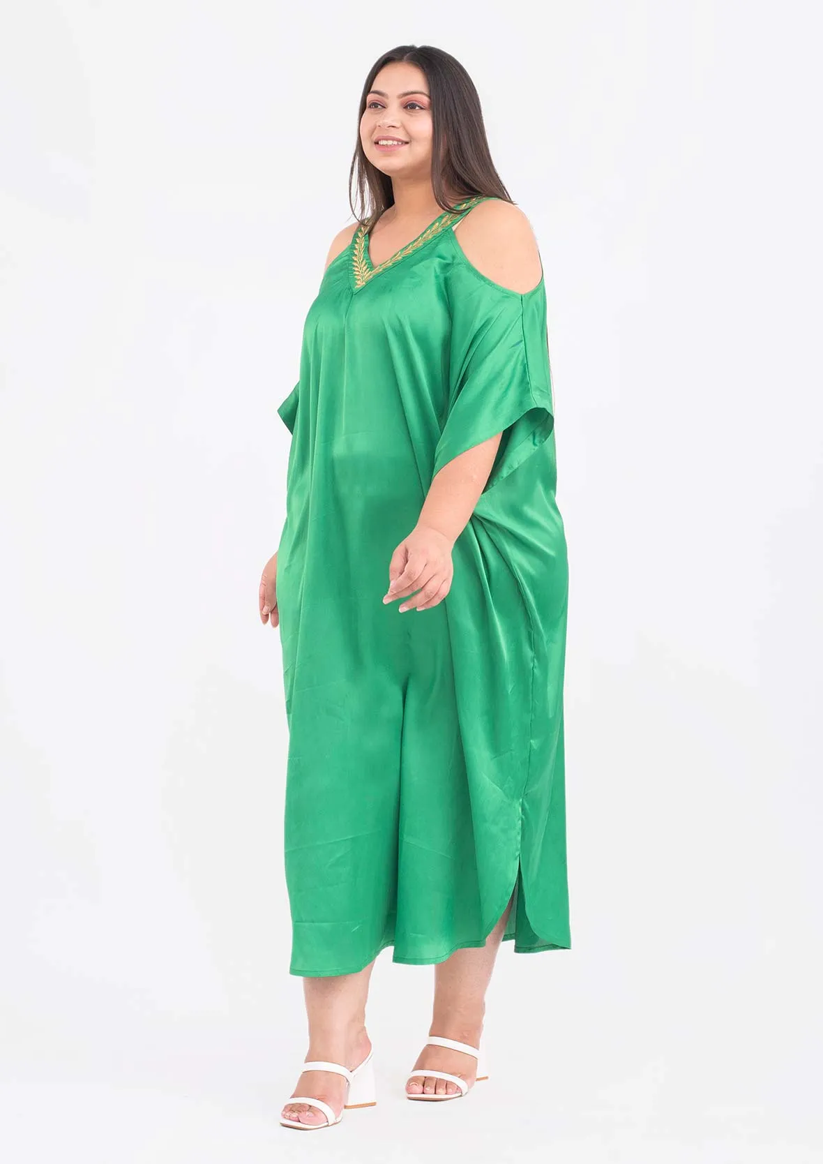 Embroidered Neck Cold Shoulder Kaftan Dress