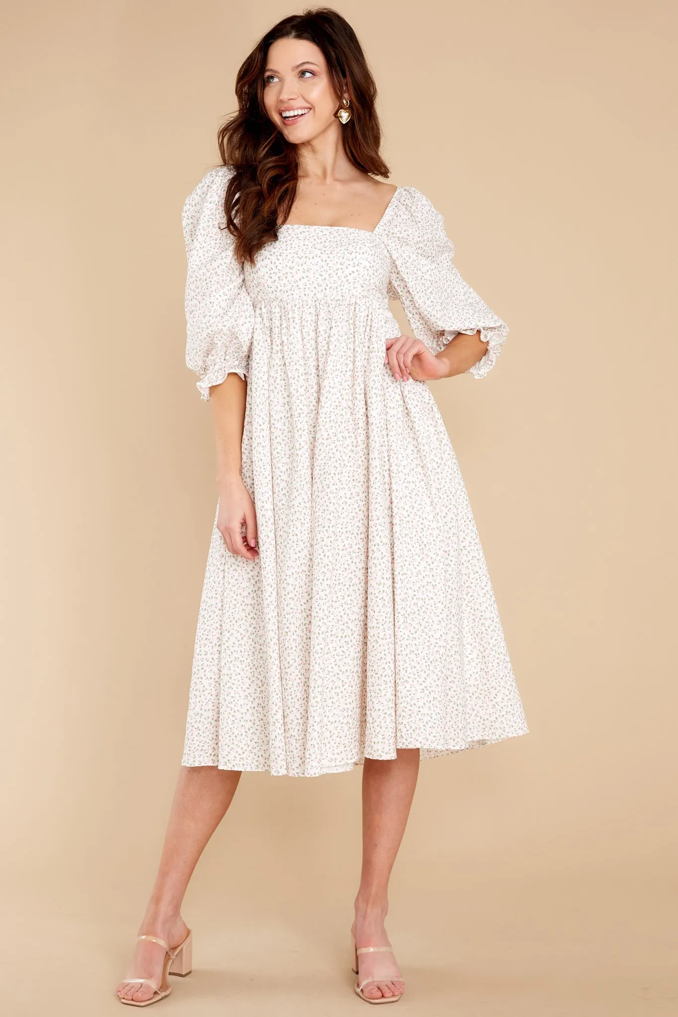 Enjoy The Scenery Ivory Floral Print Midi Dress