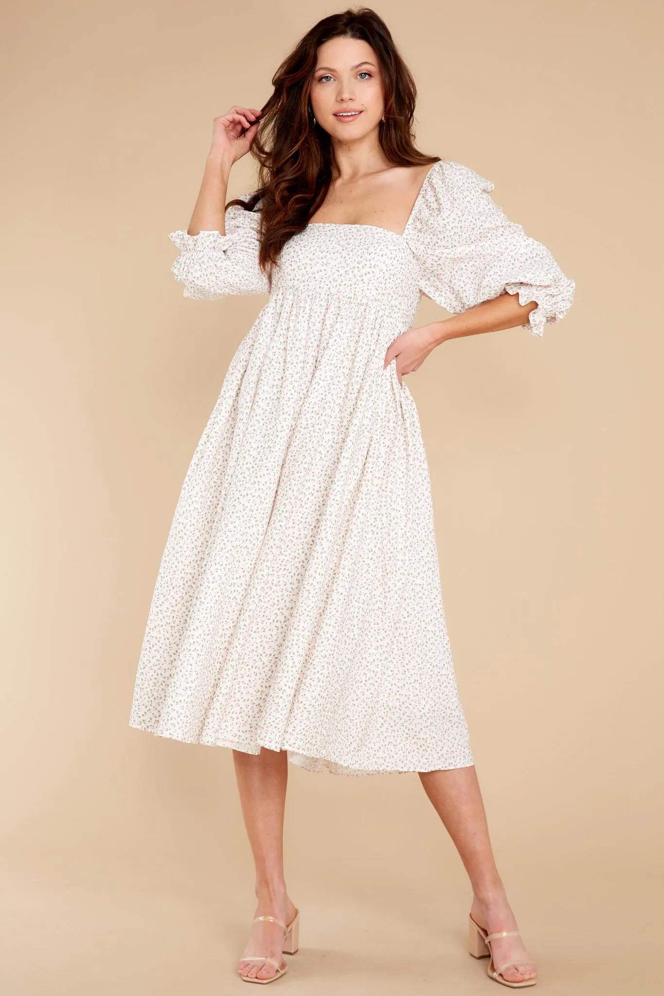 Enjoy The Scenery Ivory Floral Print Midi Dress