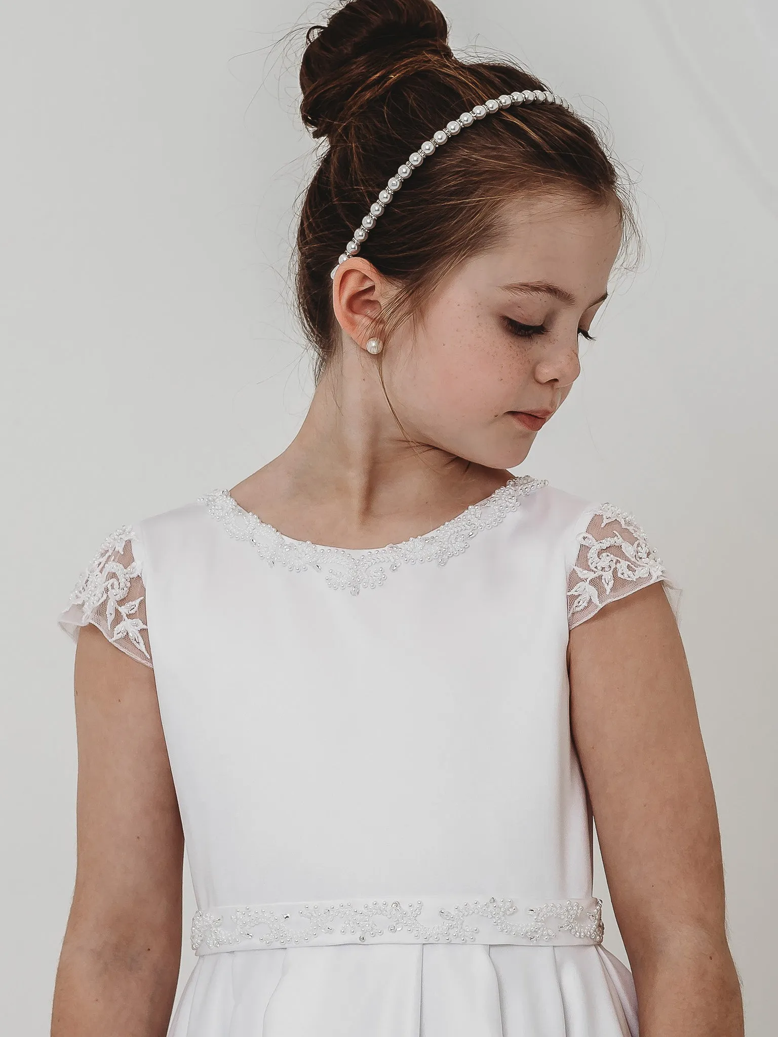 'Esther' White Satin & Pearl Communion Dress