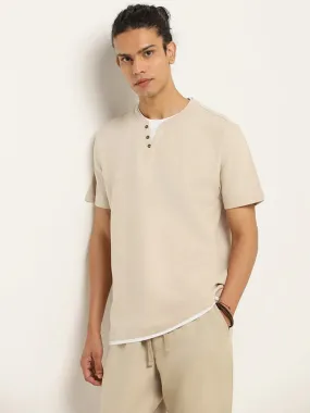 ETA Beige Henley Cotton Slim Fit T-Shirt