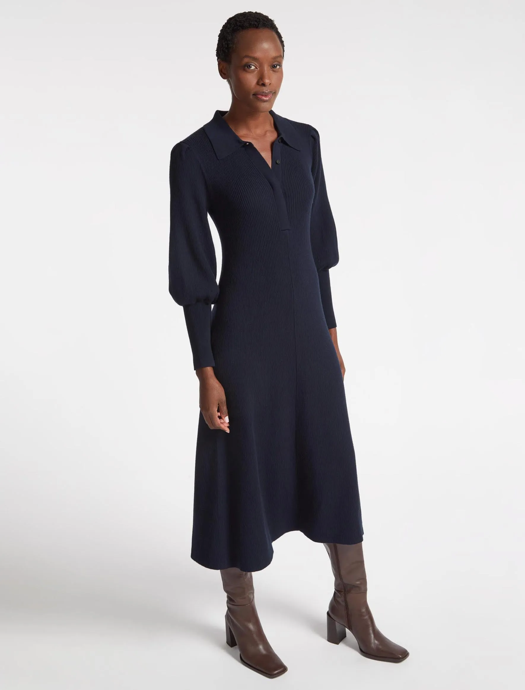 Eva Merino Wool Collared Knit Maxi Dress - Navy