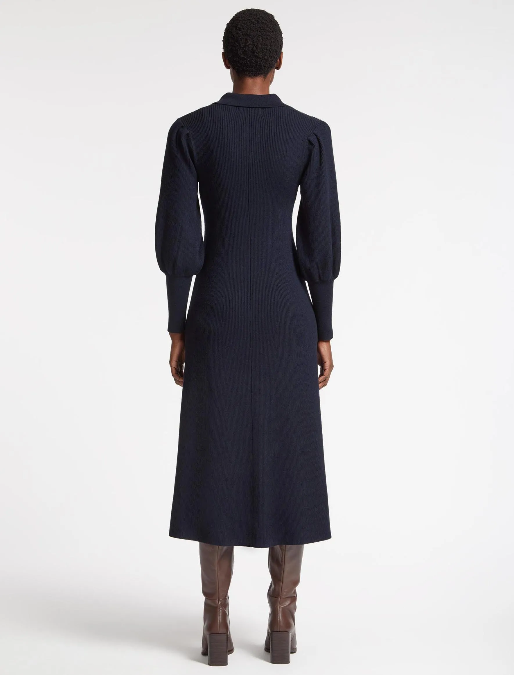 Eva Merino Wool Collared Knit Maxi Dress - Navy