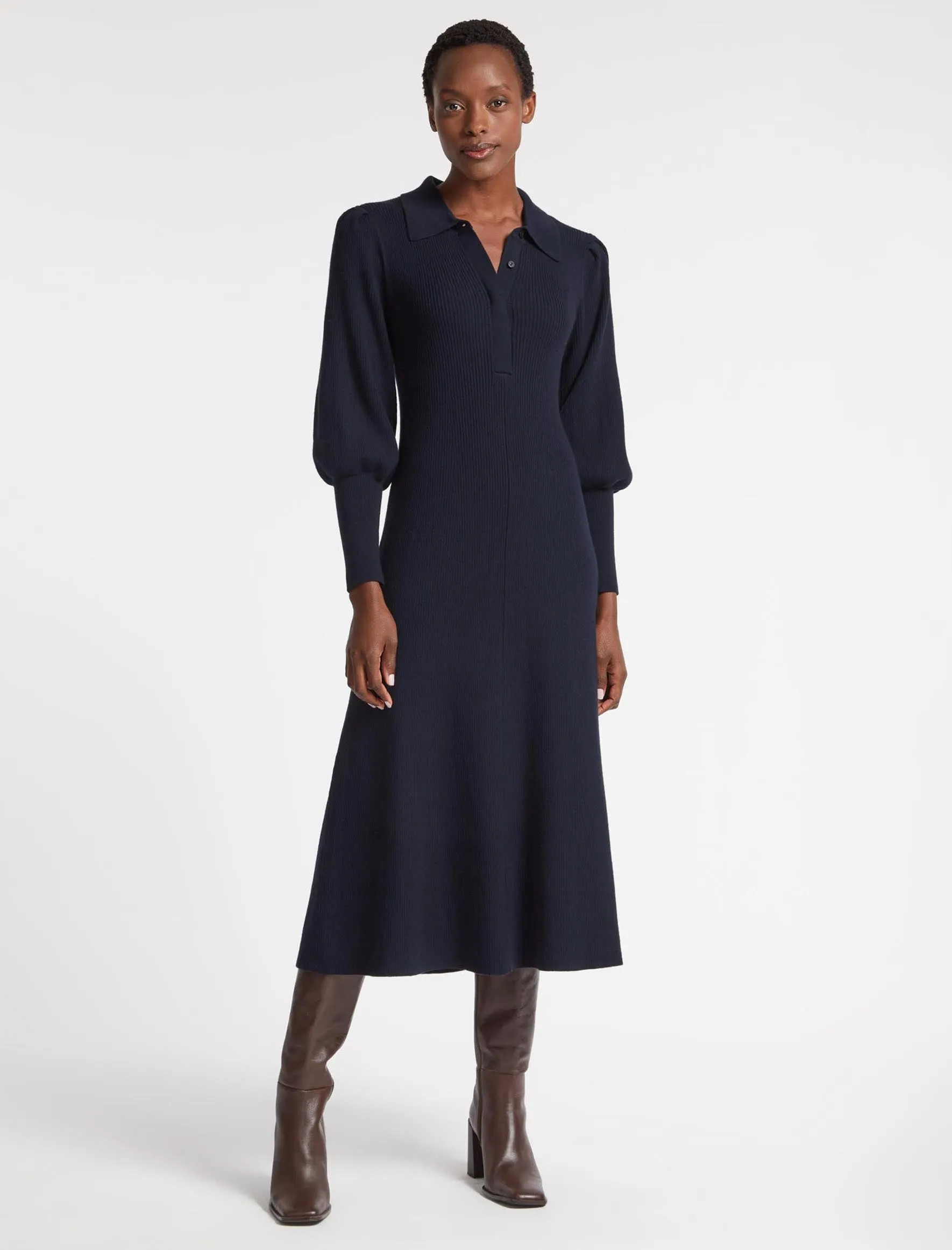 Eva Merino Wool Collared Knit Maxi Dress - Navy