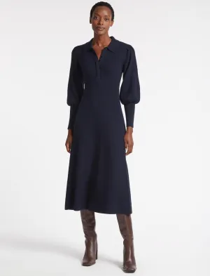 Eva Merino Wool Collared Knit Maxi Dress - Navy