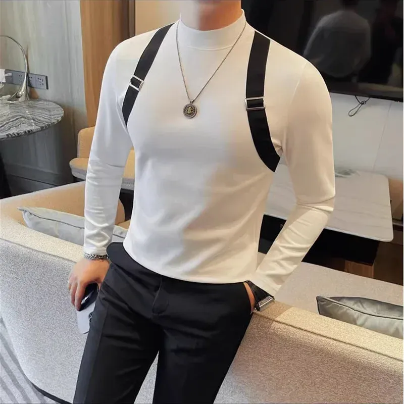 Fake Shoulder Strap Half High Neck T-Shirt