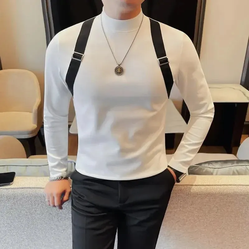 Fake Shoulder Strap Half High Neck T-Shirt