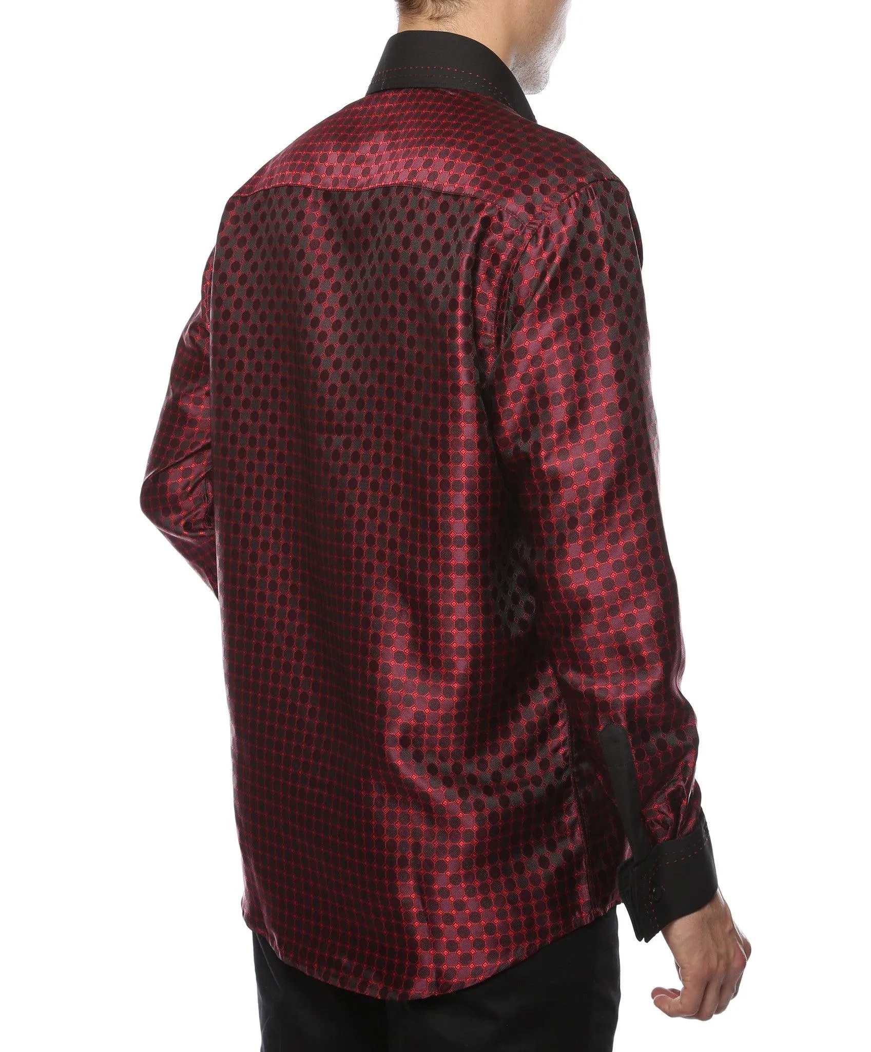 Ferrecci Men's Satine Hi-1023 Burgundy Red and Black Circle Pattern Button Down Dress Shirt